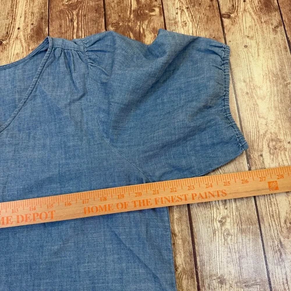 J.Crew V-Neck Puff Sleeve Blouse Womens Large Blue Chambray Cotton Top